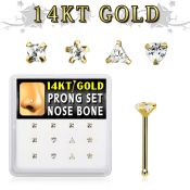 dgnb17 box w 14kt gold nose bones w 3mm cz stones in mix shape