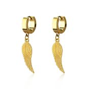 erg584 gold steel huggies earrings w dangling bird wing