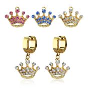 erg703 gold steel huggies earrings w dangling crystal crown