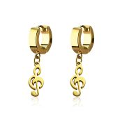 erg709 gold steel huggies earrings w dangling musical note