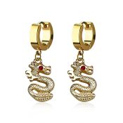 erg721 gold steel huggies earrings dangling dragon crystal eye