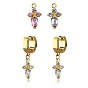 ergz518 gold steel huggies earrings w dangling cross w 4 czs