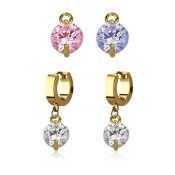 ergz519 gold steel huggies earrings w dangling 8mm prong set cz