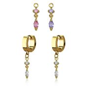 ergz522 gold steel huggies earrings w dangling oval cz