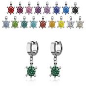 erh574 steel huggies earrings w dangling crystal turtle