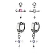 erhz14s steel huggies earrings w small dangling cross w tiny cz