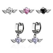 erhz586 steel huggies earrings w dangling heart shaped cz w wing