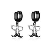 erk507 black steel huggies earrings w dangling black mustache
