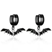 erk569 black steel huggies earrings w dangling black bat