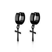 erkcrs black steel huggies earrings w dangling plain cross