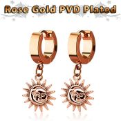 err726 rose gold stainless steel huggie earring w dangling sun 