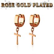 errcrs rose gold steel huggies earrings w dangling plain cross