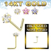 gnssrm1 14 karat gold l shaped nose stud 22g star color cz