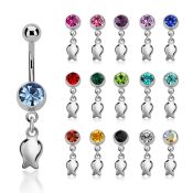 mcd767 steel belly banana, 14g w jewel ball w a dangling tulip 