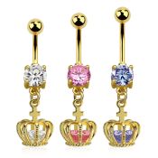 mdgz590 gold steel belly banana w cz dangling crown w cz