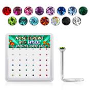 nw9mbx box of silver nose screws, 20g w 1.5mm color crystal top