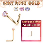 rnsczm15 14 karat rose gold l shaped nose stud 22g color cz