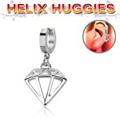 stainless steel huggie w a diamond shaped dangling 