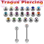 surgical steel tragus barbell, 16g (1.2mm) with a top 3mm bezel jewel ball and a plain 3mm steel ball