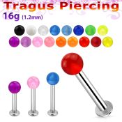 tlbuvb3 316l steel tragus labret 16g w a 3mm acrylic uv ball 