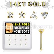 dgnb17 box w 14kt gold nose bones w 3mm cz stones in mix shape