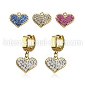 erg705 gold steel huggies earrings w dangling crystal heart