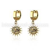 erg726 gold steel huggies earrings w a sun dangling