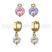 ergz519 gold steel huggies earrings w dangling 8mm prong set cz