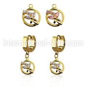ergz520 gold steel huggies earrings w dangling circle butterfly