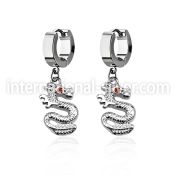 erh721 steel huggies earrings w dangling dragon w crystal eye