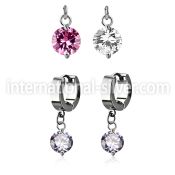 erhz383 steel huggies earrings w dangling twin prong set 10mm cz