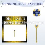ginbge9 10kt gold nose bone with a 2mm prong set blue sapphire