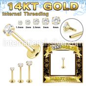 glbzxi 14 karat yellow gold labret stud 18g cz internal