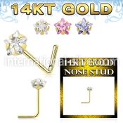 gnssrm1 14 karat gold l shaped nose stud 22g star color cz