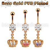 mdrz590 rose gold steel belly banana w cz dangling crown w cz