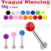 tlbuvb3 316l steel tragus labret 16g w a 3mm acrylic uv ball 