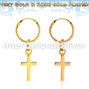18k gold plated silver helix hoop w small cross dangling 