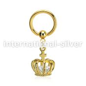 bcrtgz6 gold plated 316l steel bcr, 14g w dangling crown w cz