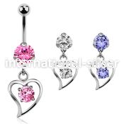 bnrz17 casted steel cz belly banana w round cz inside a heart