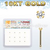 dginb22 box w 12 pcs. of 10kt gold nose bones w 1.25mm clear cz 