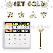 dgnb17 box w 14kt gold nose bones w 3mm cz stones in mix shape