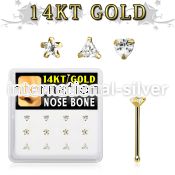 dgnb20 box w 14kt gold nose bones w 3mm cz in mixed shapes