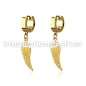 erg584 gold steel huggies earrings w dangling bird wing