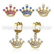 erg703 gold steel huggies earrings w dangling crystal crown