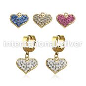 erg705 gold steel huggies earrings w dangling crystal heart