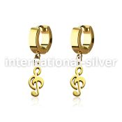 erg709 gold steel huggies earrings w dangling musical note