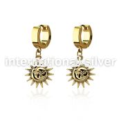 erg726 gold steel huggies earrings w a sun dangling