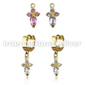 ergz518 gold steel huggies earrings w dangling cross w 4 czs