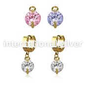 ergz519 gold steel huggies earrings w dangling 8mm prong set cz