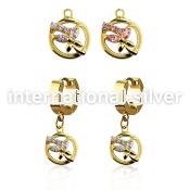 ergz520 gold steel huggies earrings w dangling circle butterfly